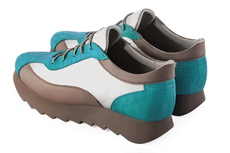 Turquoise blue, light silver and bronze beige women's three-tone elegant sneakers. Round toe. Low rubber soles. Rear view - Florence KOOIJMAN